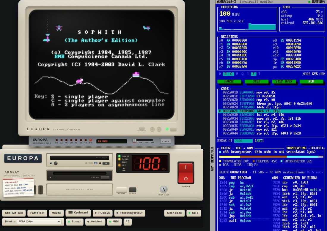 The ARM-DOS machine drawn as a beige 1988 PC: a colour monitor showing the Sopwith title screen, standing on a modem, on the system unit with its CD-ROM and floppy drives, a phone list card taped to its front, a red 100 MHz display and a big red power switch, and the blue ARM inspector beside it, drawn like a text-mode debugger of the day, showing registers and x86 code translated into ARM.